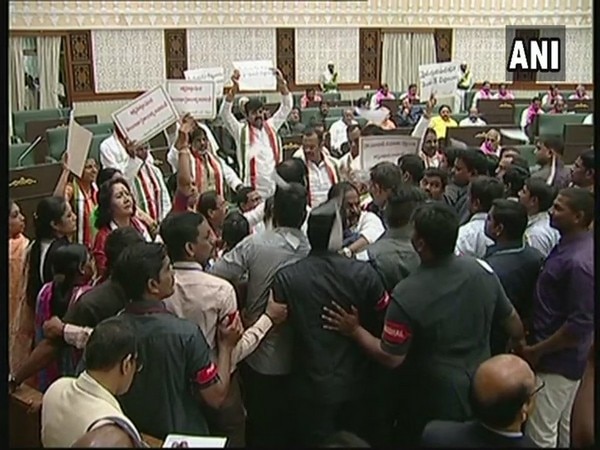 Congress disrupts governor's speech in Telangana assembly Congress disrupts governor's speech in Telangana assembly