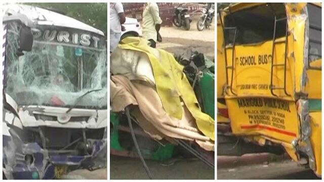 Auto crushed between two buses in Noida; 2 dead Auto crushed between two buses in Noida; 2 dead