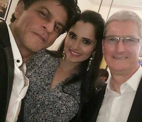 Last night, he had also dropped in at a private party organised by Bollywood superstar Shah Rukh Khan, who is also the owner of Kolkata Knight Riders. Tim Cook with Shah Rukh Khan and Sania Mirza(Photo- Twitter)