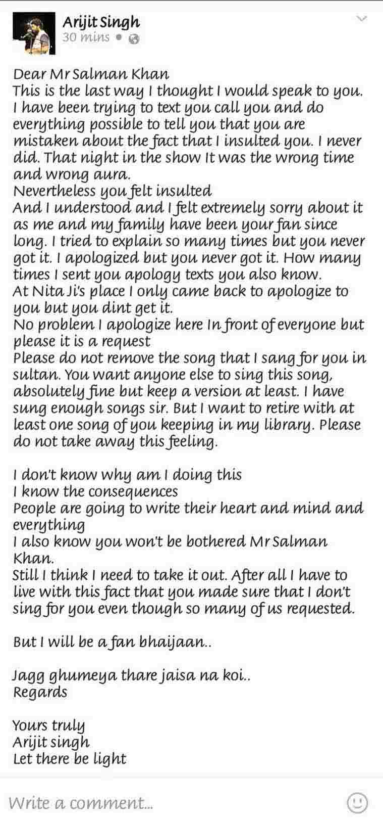 Arijit Singh publicly apologizes to Salman Khan on Facebook; begs him to retain his song in 'Sultan