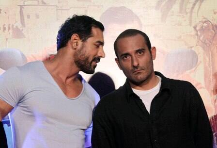 John Abraham and Akshaye Khanna during the trailer launch of 'Dishoom'.