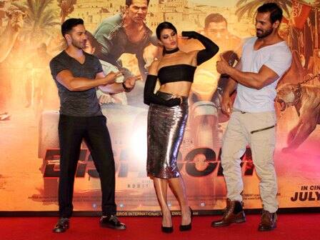 Varun Dhawan, Jacqueline Fernandez and Johan Abraham during the trailer launch of film Dishoom.