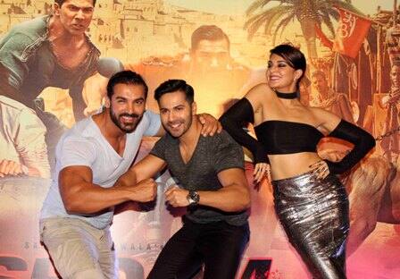 The leads of the movie, John Abraham, Varun Dhawan and Jacqueline Fernandez, at the trailer launch.