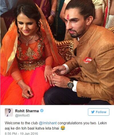 Rohit Sharma trolled Ishant by posting Ishant-Pratima’s engagement picture with caption, ‘Welcome to the club @ImIshant congratulations you two. Lekin aaj ke din toh baal katva leta bhai’