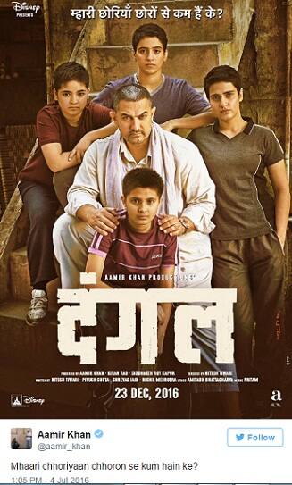 In the poster, Aamir is seen in the older look and is posing with his on-screen daughters. And the poster reads in Haryanvi Hindi “Mhari Chhoriyaan chhoron se Kam hai ke” which means Are my daughters any less than men?
