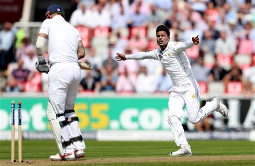 Pakistan's Mohammed Amir celebrates taking the wicket of England's Alex Hales during day one of the Second Test match at Old Trafford, Manchester, England. (AP)