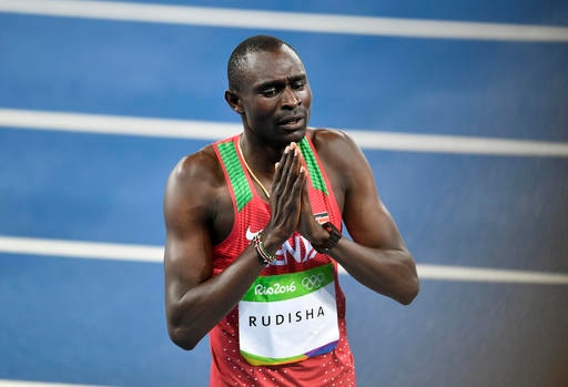 Kenya's David Lekuta Rudisha after winning the men's 800-meter final during the athletics competitions of the 2016 Summer Olympics at the Olympic stadium in Rio de Janeiro, Brazil. (AP)