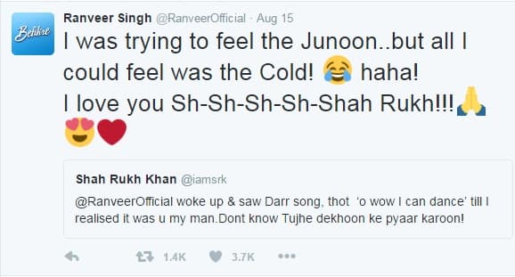 Shah Rukh seemed very happy with this tribute from and replied to Ranveer on Twitter