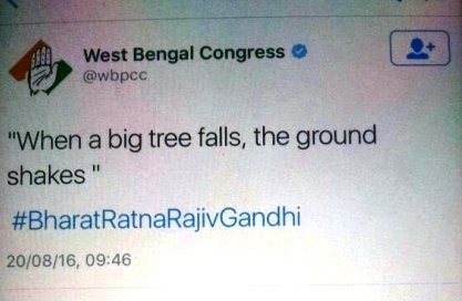West Bengal Congress embarrasses party for tweeting Rajiv Gandhi’s most controversial quote West Bengal Congress embarrasses party for tweeting Rajiv Gandhi’s most controversial quote