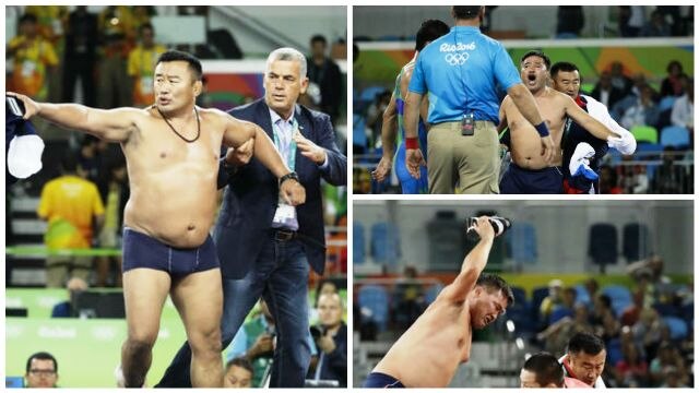 Mongolian wrestling coaches strip down in protest after controversial Rio loss Mongolian wrestling coaches strip down in protest after controversial Rio loss
