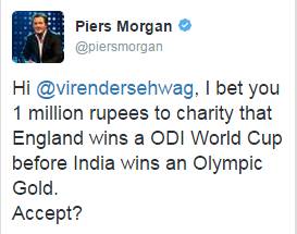 Piers Morgan challenges Virender Sehwag, bets Rs 1 million Twitter