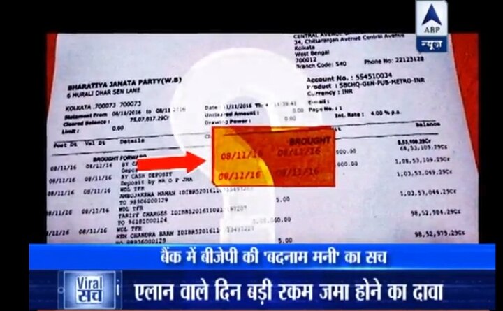 Viral Sach: Did BJP deposit Rs 3 crore in West Bengal bank just before demonetisation announcement? Viral Sach: Did BJP deposit Rs 3 crore in West Bengal bank just before demonetisation announcement?