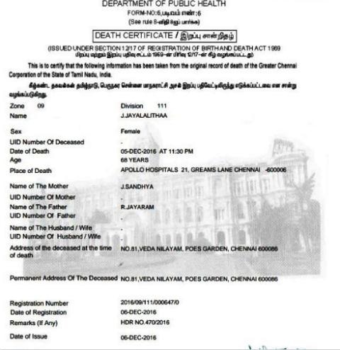 Department of Public Health issues death certificate of Jayalalithaa Department of Public Health issues death certificate of Jayalalithaa