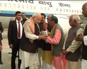 PM Narendra Modi reaches Varanasi to address a rally in the poll bound state of UP