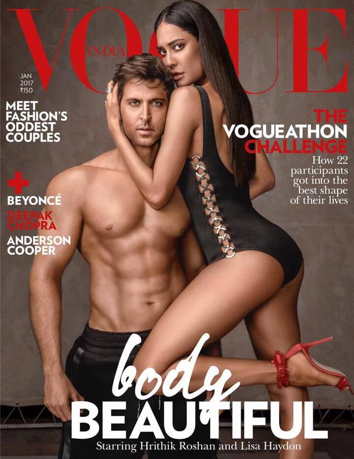 Bollywood stars Hrithik Roshan and Lisa haydon have raised the temperature with their sensuos look on the cover photo for Vogue magazine’s January issue in 2017.  These fitness freaks have come together for the magazine and they shared their experiences and secrets. (IMAGE: FACEBOOK/ VOGUE INDIA)