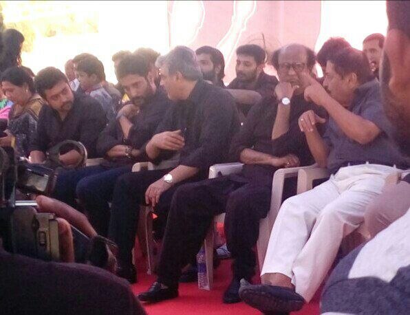 Jallikattu row: Superstar Rajinikanth joins top Tamil actors at protest venue in Chennai Jallikattu row: Superstar Rajinikanth joins top Tamil actors at protest venue in Chennai