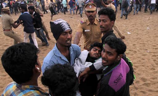 Protestors supporting Jallikattu, as police remove them from the Marina beach (AP Photo)