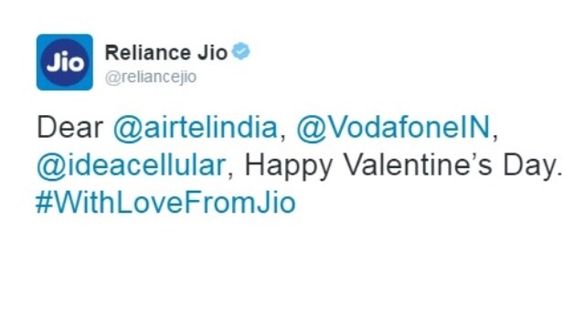 Love engulfs telecom operators, Reliance Jio wishes 'Valentine's Day' to Airtel, Vodafone, Idea Love engulfs telecom operators, Reliance Jio wishes 'Valentine's Day' to Airtel, Vodafone, Idea