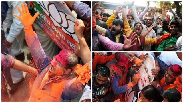 Jubilant BJP workers celebrate Holi outside party office in Lucknow Jubilant BJP workers celebrate Holi outside party office in Lucknow
