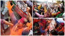 Jubilant BJP workers celebrate Holi outside party office in Lucknow