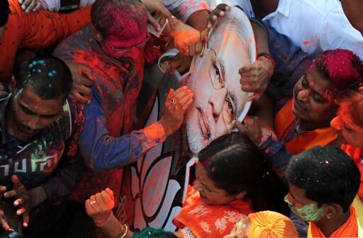 BJP candidates led in all major cities in particular, including in five of the eight seats in Lucknow, eight of the 10 seats in Kanpur, nine of the 12 seats in Allahabad and seven of the eight seats in Varanasi, Modi's Lok Sabha constituency. Even in Amethi, Congress Vice President Rahul Gandhi's Lok Sabha seat, the BJP's Garima Singh had forged ahead. PIC/AFP.