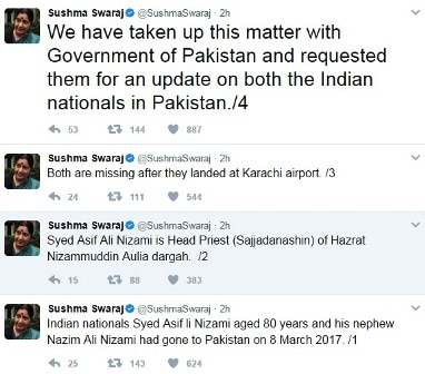 Sushma Swaraj asks Pakistan to locate missing clerics of Delhi's Hazrat Nizamuddin Dargah