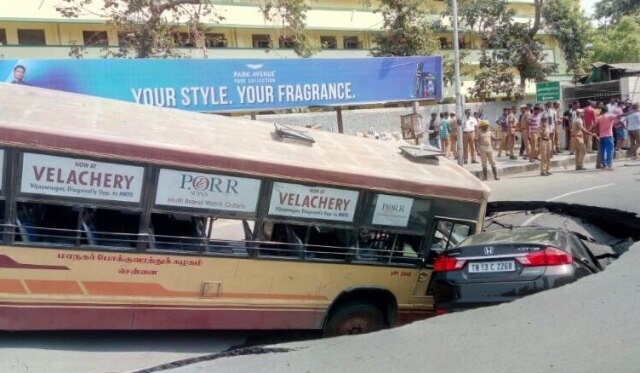 Major cave-in on Chennai road swallows vehicles