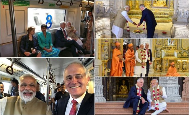 Australian PM Turnbull, Modi take Metro to visit Akshardham Temple Australian PM Turnbull, Modi take Metro to visit Akshardham Temple