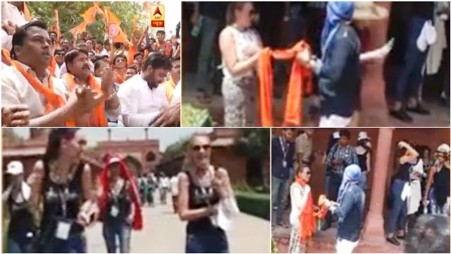 Agra: VHP, Bajrang Dal protest outside Taj Mahal over saffron scarves issue Agra: VHP, Bajrang Dal protest outside Taj Mahal over saffron scarves issue