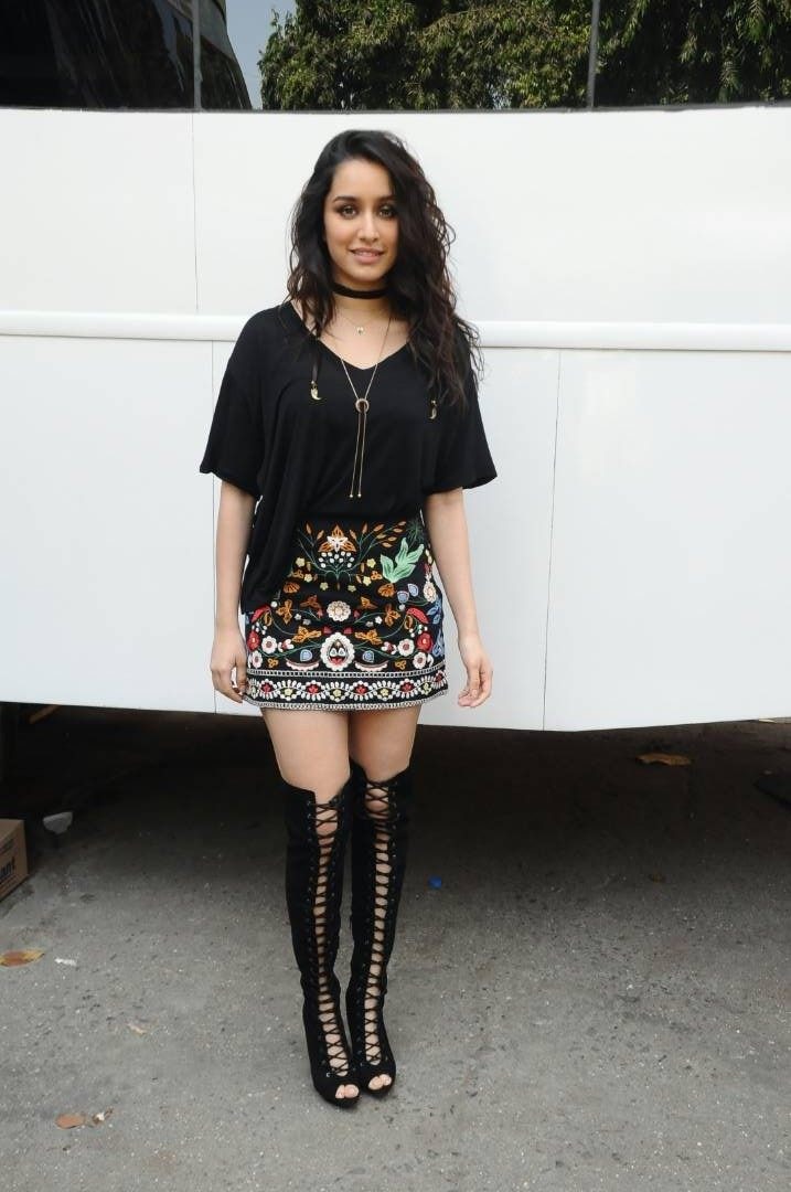 Shraddha looked stunning in black short skirt-thigh-high boots.