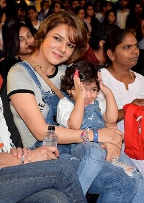 Bollywood actor and filmmaker Mohit Suri's wife Udita Goswami with her daughter during the music concert of film Half Girlfriend in Mumbai, India on May 4, 2017. (Sushant Agonde/ SOLARIS IMAGES)