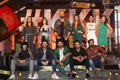 (L to R sitting) Television actors Shantanu Maheshwari, Karan Wahi, Ravi Dubey, Rithvik Dhanjani, Manveer Gurjar, (L to R standing) Indian free style wrestler Geeta Phogat, Shiny Doshi, filmmaker Rohit Shetty, Lopamudra Raut, Nia Sharma and Hina Khan during the launch of Colors TV show Khatron Ke Khiladi Season 8 in Mumbai, India on May 9, 2017. (Pravin Utturkar/SOLARIS IMAGES)