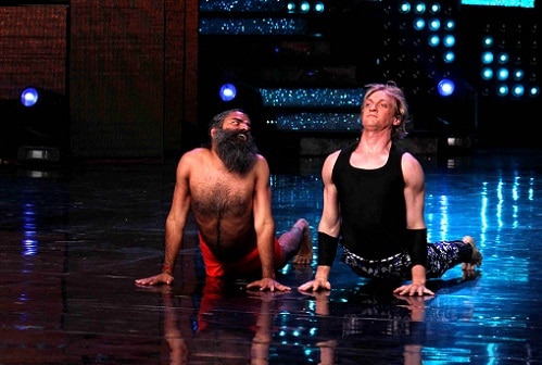 Yoga guru Baba Ramdev with contestant Brent Goble on the sets of Star Plus TV show Nach Baliye Season 8 in Mumbai, India on May 16, 2017. (Utsav Devdutta/SOLARIS IMAGES)