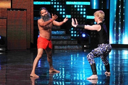 Yoga guru Baba Ramdev with contestant Brent Goble on the sets of Star Plus TV show Nach Baliye Season 8 in Mumbai on May 16, 2017. (Utsav Devdutta/SOLARIS IMAGES)