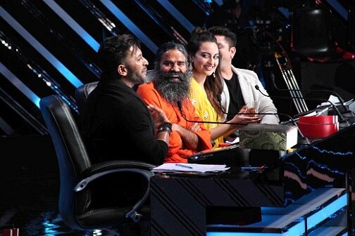 Bollywood choreographer Terence Lewis, Yoga guru Baba Ramdev, actor Sonakshi Sinha and filmmaker Mohit Suri, on the sets of Star Plus TV show Nach Baliye Season 8 in Mumbai, India on May 16, 2017. (Utsav Devdutta/SOLARIS IMAGES)