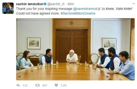 “Thank you for your inspiring message @narendramodi ji 'Jo khele, Wahi khile!' Could not have agreed more. #SachinABillionDreams,