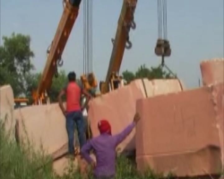 Ram Mandir row: 2 trucks full of ‘red rocks’ reach Ayodhya  first time after 2015 Ram Mandir row: 2 trucks full of ‘red rocks’ reach Ayodhya  first time after 2015