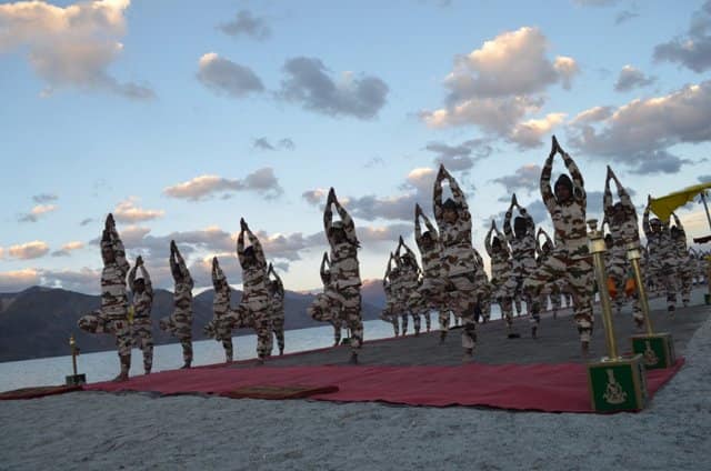 Yoga Day 2017 preparations on the bank of 14400ft Pangong Lake in Ladakh.