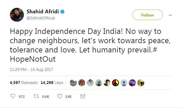 The 37-year-old wrote, “Happy Independence Day India! No way to change neighbours, let's work towards peace, tolerance and love. Let humanity prevail.# HopeNotOut.”