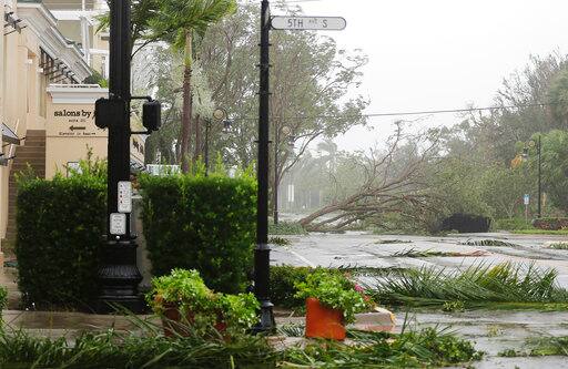 A fallen tree blocks a street in a business district as Hurricane Irma passes through Naples, Fla., Sunday, Sept. 10, 2017. (AP Photo/David Goldman)