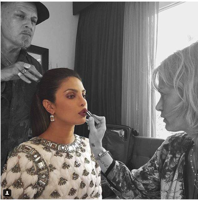 The 'Bajirao Mastani' star wore a Balmain gown, adorned with crystals.Wearing her hair in a sleek ponytail and deep berry lips, Priyanka made heads turn this time around too.