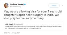 Sushma Swaraj gives medical visa to 7-yr-old girl from Pakistan