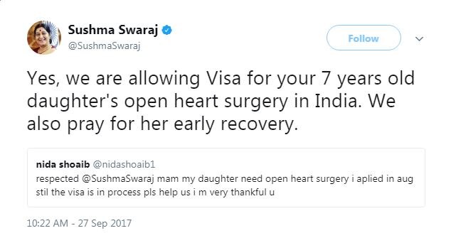 Sushma Swaraj gives medical visa to 7-yr-old girl from Pakistan Sushma Swaraj gives medical visa to 7-yr-old girl from Pakistan