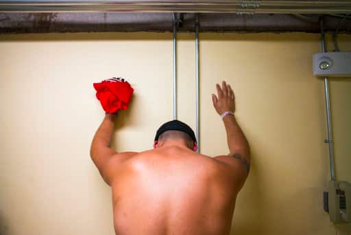 A man waits during lockdown at the Tropicana Las Vegas during an active shooter situation on the Las Vegas Strip. (Chase Stevens/Las Vegas Review-Journal via AP)