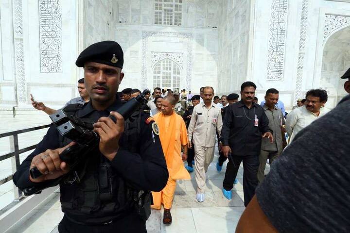 Uttar Pradesh Chief Minister Yogi Adityanath on Thursday visited the Taj Mahal and wielded a broom to launch the 'swacchta abhiyaan' (cleanliness drive) at the western gate of the monument. He spent about 30 minutes there./ Courtesy: Yogi Twitter