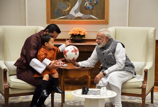 Prime Minister Narendra Modi gifted a football to Bhutanese Prince Jigme Namgyal Wangchuk when the Himalayan kingdom's royal family called on him at his official residence here on Wednesday evening. (Image: Twitter)
