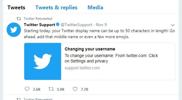 Twitter doubles length of user display names to 50 characters Twitter doubles length of user display names to 50 characters