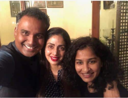 The 54-year-old actress posted a picture with filmmaker and her friend Gauri Shinde who directed Sridevi’s late hit English Vinglish. Along with them is Ravi Udyawar who made his directorial debut with Sridevi starrer Mom. Image: Twitter 