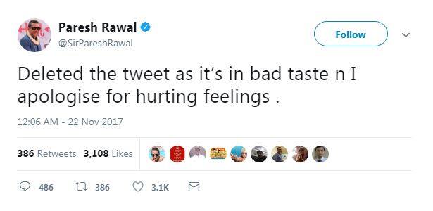 Paresh Raval deletes ‘chaiwala-barwala’ tweet, apologies for hurting sentiments Paresh Raval deletes ‘chaiwala-barwala’ tweet, apologies for hurting sentiments Paresh Raval deletes ‘chaiwala-barwala’ tweet, apologies for hurting sentiments