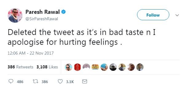 Paresh Raval deletes ‘chaiwala-barwala’ tweet, apologies for hurting sentiments Paresh Raval deletes ‘chaiwala-barwala’ tweet, apologies for hurting sentiments
